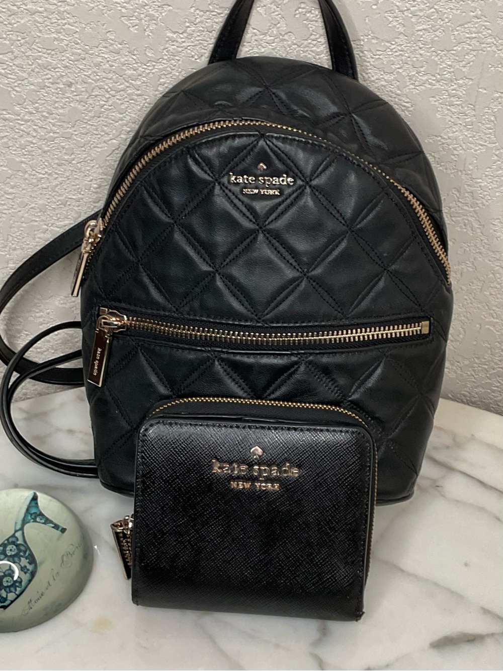 kate spade Black Quilted Leather Mini Backpack with Matching Zip Wallet EUC - Picture 2 of 14